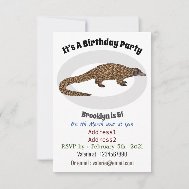 Langtailed Pangolin Cartoon Einladung (Vorderseite)