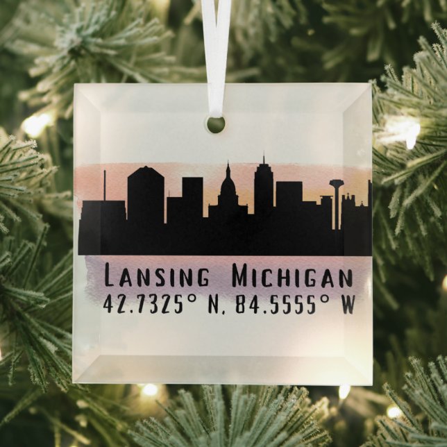 Lansing MI City Skyline Latitude und Länge Ornament Aus Glas (Insitu)
