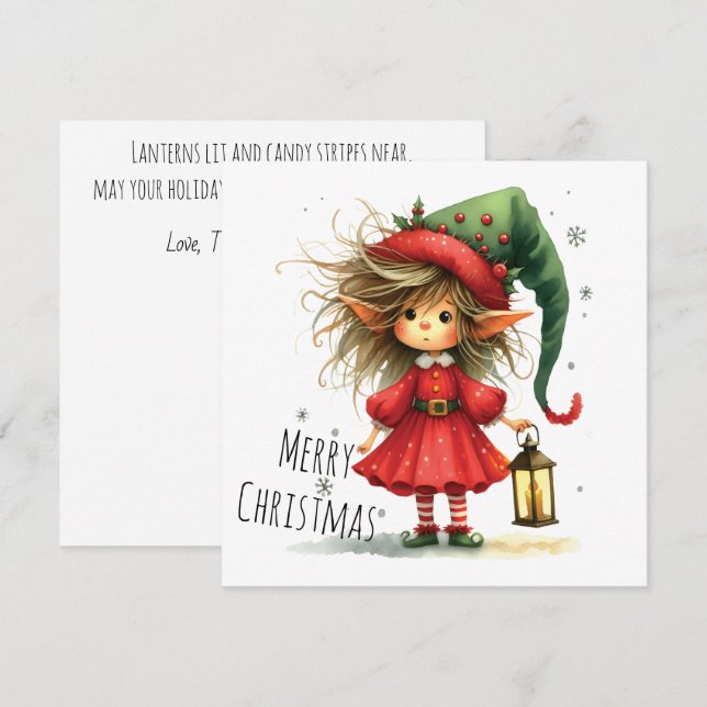 Lantern Elf – Whimsical Christmas Holiday Card (Vorne/Hinten)