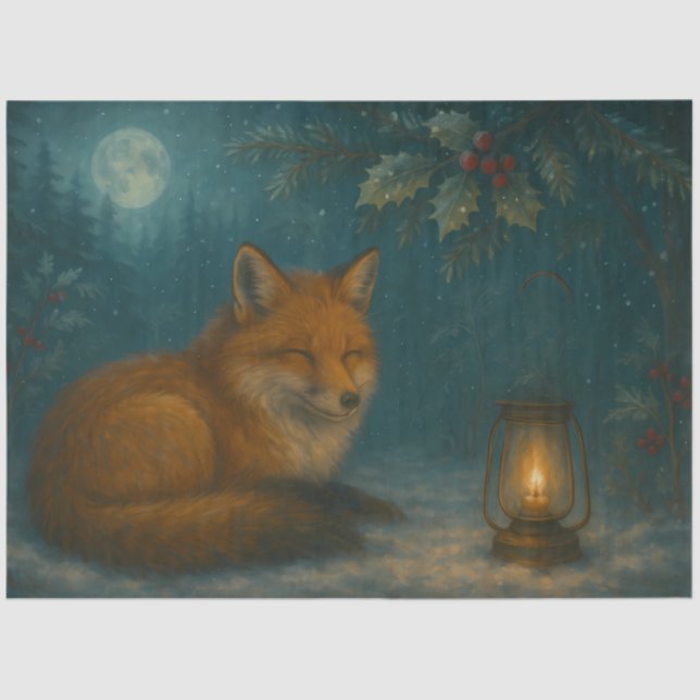 Lantern Fox Under the Holly Moon Winter Decoupage  Seidenpapier (Vorderseite)