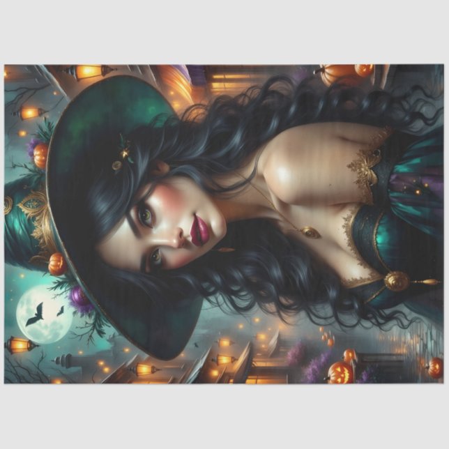 Lantern-Lit Halloween Hexe mit Pumpkins und Goth Seidenpapier (Vorderseite)