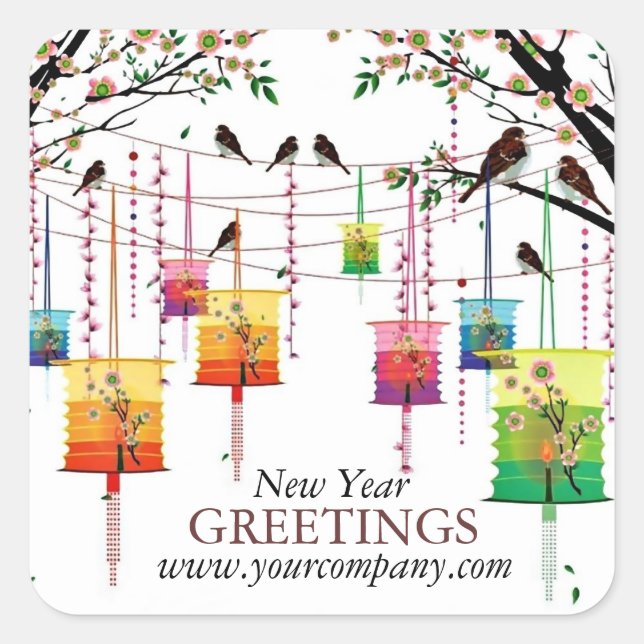 Lanterns Cherry Tree Birds Spring Greetings Quadratischer Aufkleber (Vorderseite)