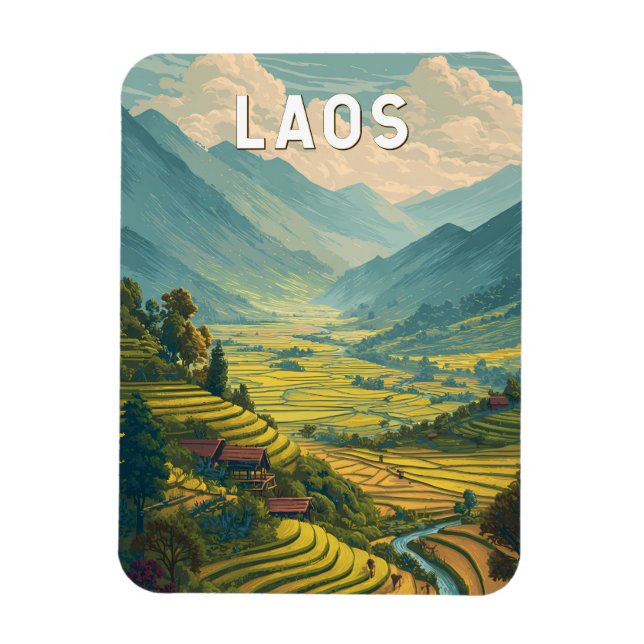 Laos Illustration Reise Kunst Vintage Magnet (Vertikal)