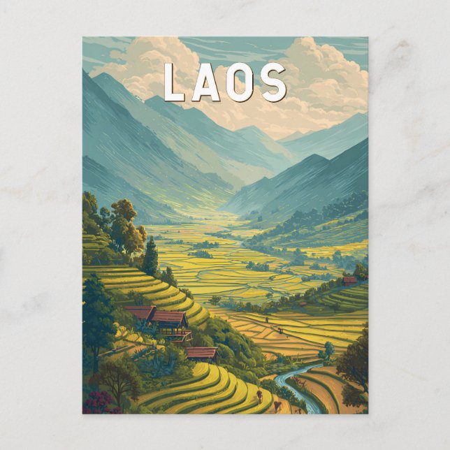 Laos Illustration Travel Art Vintage Postkarte (Vorderseite)