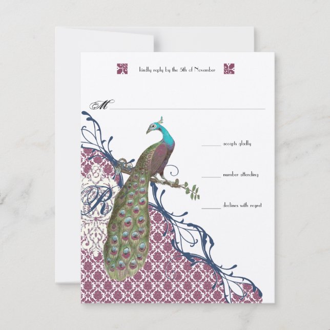 Lapis Blue Raspberry Damask Peacock Wedding RSVP Karte (Vorderseite)