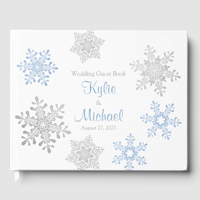 Lapis Blue Silver Gray Snowflake Winterhochzeit Gästebuch (Vorderseite)