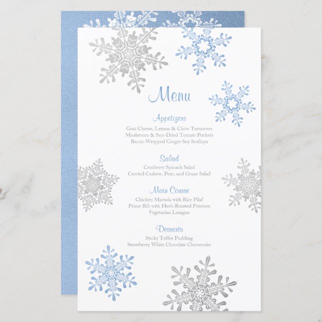 Lapis Blue Silver Snowflake Winter Wedding Menü (Vorne/Hinten)