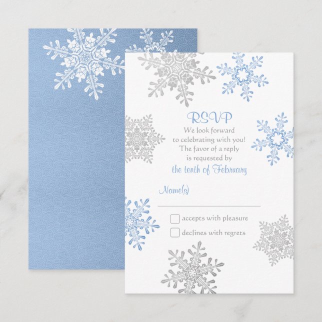 Lapis Blue Silver Winter Snowflake Wedding RSVP Karte (Vorne/Hinten)