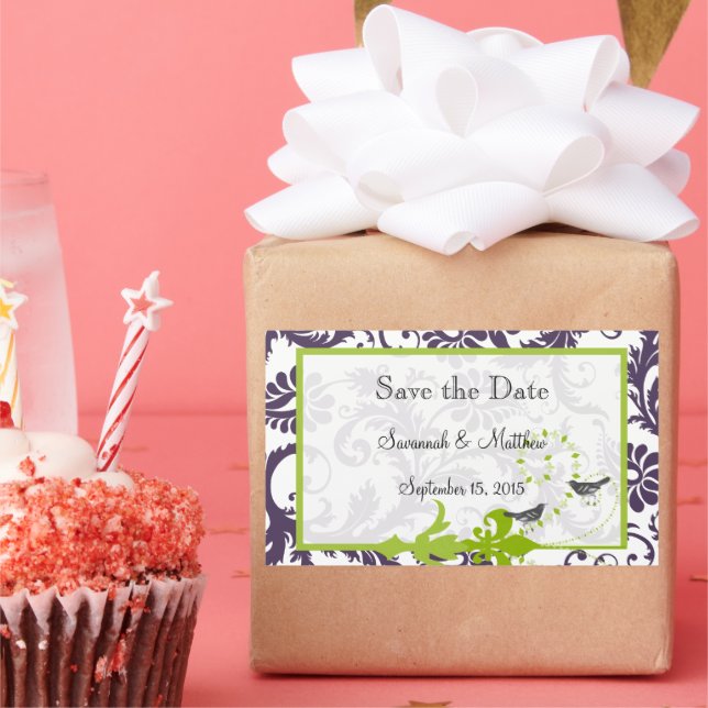 Lapis Lila Apple Green Damask Bird Hochzeiten Rechteckiger Aufkleber (Party)