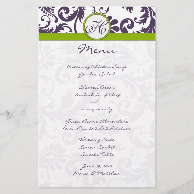 Lapis Lila und Apple Green Damask Wedding Menu (Vorderseite)