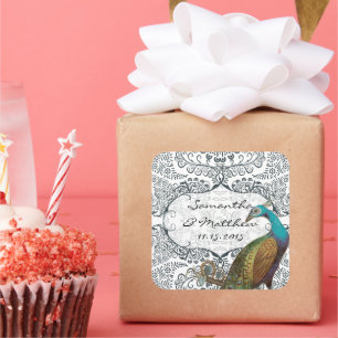 Lapisblauer Pfauen-Liebesvogel-Hochzeitssiegel Quadratischer Aufkleber