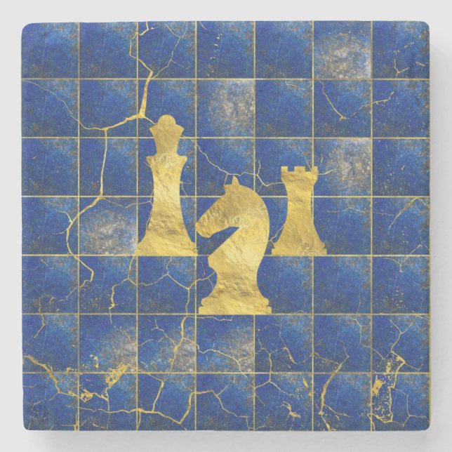 Lapislazuli-Schachbrett-und Goldschach-Stücke Steinuntersetzer (Vorderseite)