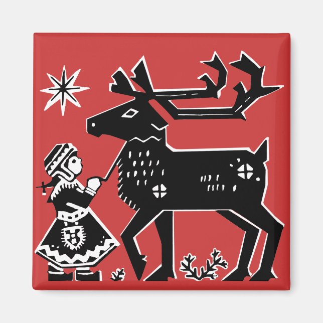 Lapland Girl Holds Rentier Weihnachtsmagnet Magnet (Vorne)