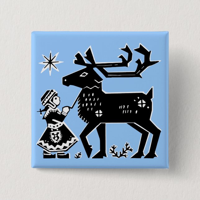 Lappland-Mädchen hält Ren-Abzeichen Button (Vorderseite)