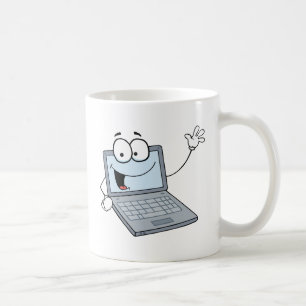 Laptop-Cartoon-Charakter, der einen Gruß Tasse