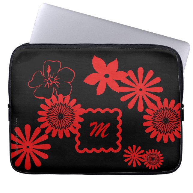 Laptop-Computer Hülsen-rote Blumen mit Monogramm Laptopschutzhülle (Vorderseite)