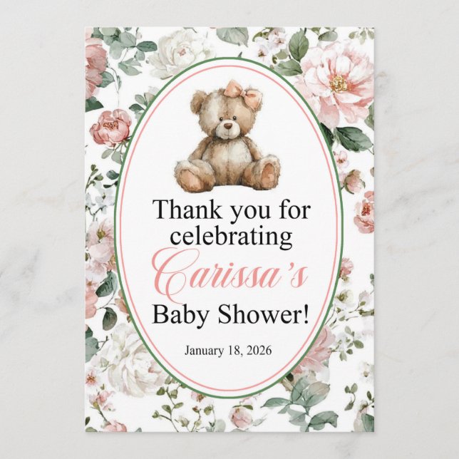 LAQUITA teddy bear Baby Shower sign for Carissa Einladung (Vorderseite)