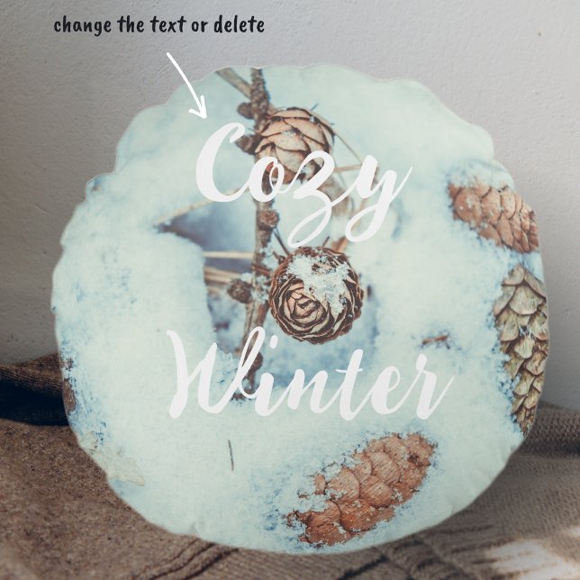 Lärchenkegel auf frisch blauen Schnee Rundes Kissen (Von Creator hochgeladen)