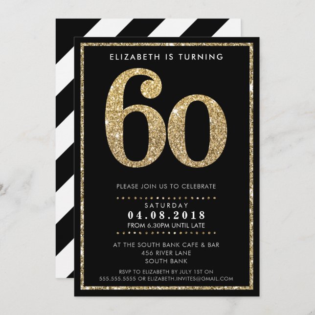 LARGE AGE NUMBER INVITE modern 60 gold glitter Einladung (Vorne/Hinten)