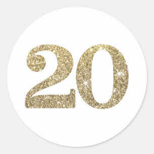 LARGE AGE NUMBER Moderner 20 Gold Glitzer Runder Aufkleber
