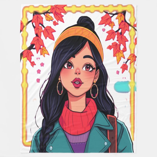 Large Autumn Girl Fleece Blanket – Cozy Oversized  (Vorderseite)