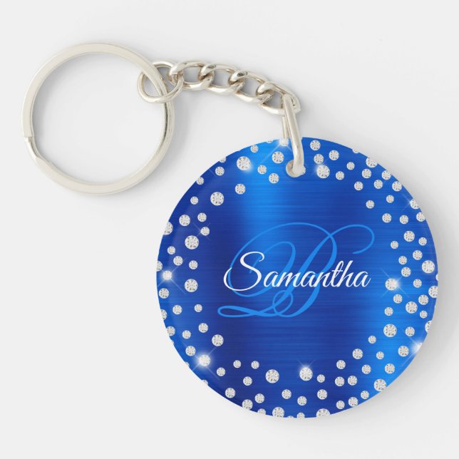 Large Diamond Confetti Royal Blue Foil Monogram Schlüsselanhänger (Vorderseite)