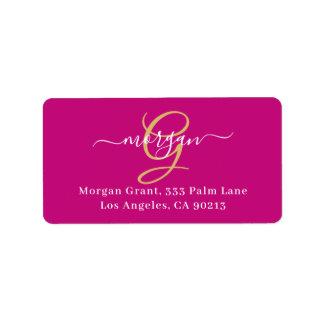 Large Gold Monogram, White Script Name, Fuchsia Adressaufkleber
