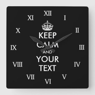Large keep calm and your text wall clock quadratische wanduhr