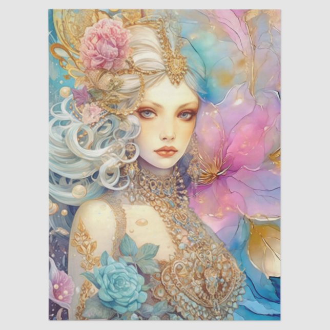 Large Pastel Watercolor Floral Mermaid Decoupage Seidenpapier (Vorderseite)