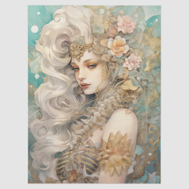 Large Pastel Watercolor Floral Mermaid Decoupage Seidenpapier (Vorderseite)