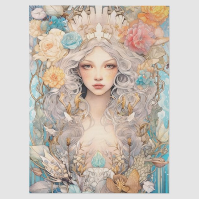 Large Pastel Watercolor Floral Mermaid Decoupage Seidenpapier (Vorderseite)