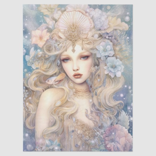 Large Pastel Watercolor Floral Mermaid Decoupage Seidenpapier (Vorderseite)