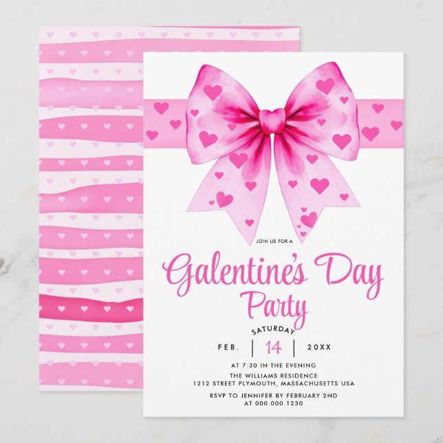Large pink bow and hearts Galentine's Day party    Einladung (Vorne/Hinten)