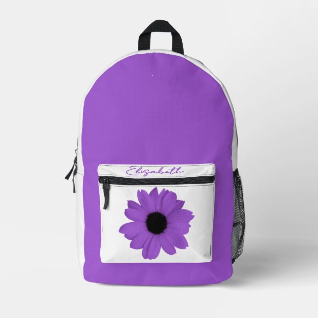 Large Purple Daisy / Flower and Your Name Bedruckter Rucksack (Vorderseite)