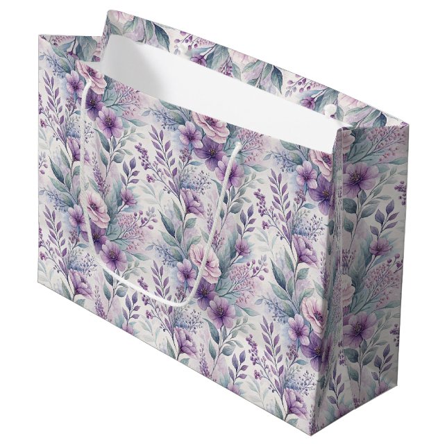 Large Purple Lavender Floral Gift Bag Große Geschenktüte (Vorderseite Schrägansicht)