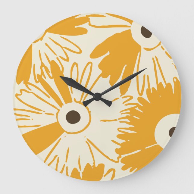 Large Retro Daisy Flower Power Goldenrod Große Wanduhr (Vorderseite)