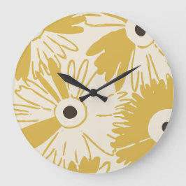 Large Retro Daisy Flower Power Mustard Gold Große Wanduhr
