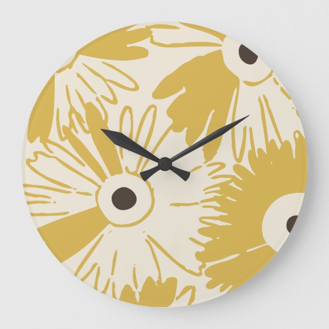 Large Retro Daisy Flower Power Mustard Gold Große Wanduhr (Vorderseite)