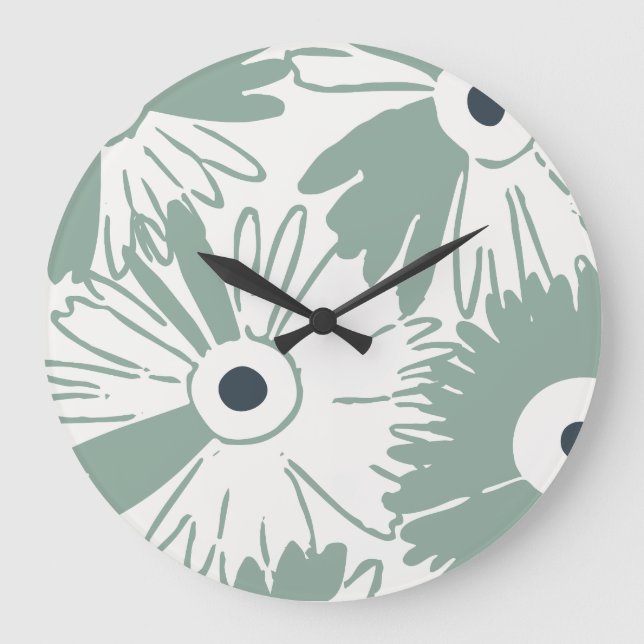 Large Retro Daisy Flower Power Muted Sage Green Große Wanduhr (Vorderseite)
