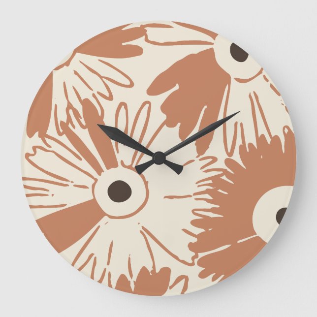 Large Retro Daisy Flower Power Spiced Terracotta Große Wanduhr (Vorderseite)