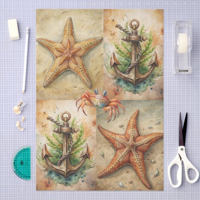 Large Scenic Starfish, Anchors & Crab Decoupage Seidenpapier (Handwerk)