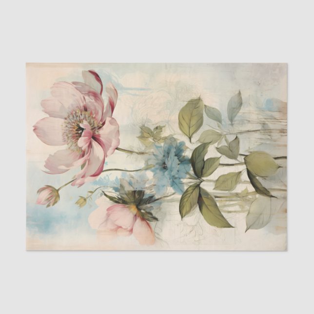 Large Slightly Abstract Pale Pink Peony with Blue Seidenpapier (Vorderseite)