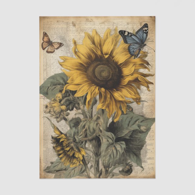 Large Vintage Sunflowers, Butterflies and Script Seidenpapier (Vorderseite)