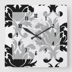 large white and black bold damask quadratische wanduhr