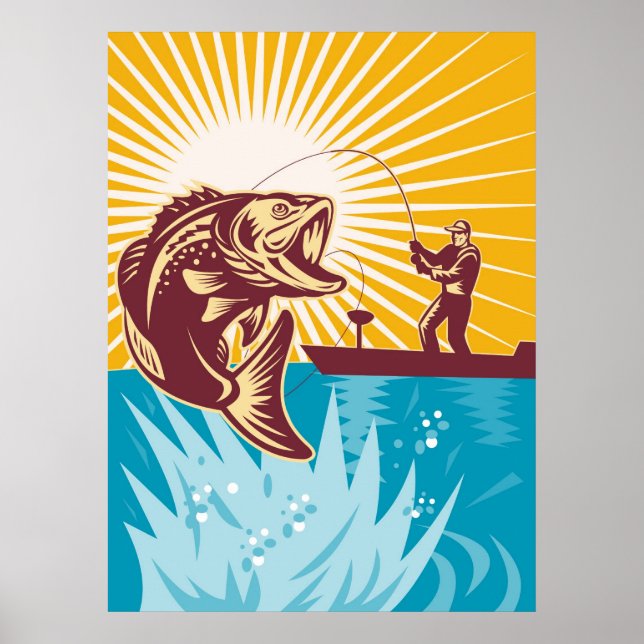 Largemouth Bass Fish Fly Fisherman Fishing rod Poster (Vorne)