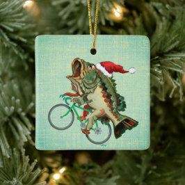 Largemouth Bass Reiten mit Weihnachtsmannmütze Keramikornament