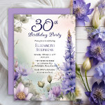Larkspur | Water Lily Floral 30th Birthday Party Einladung<br><div class="desc">Elegant larkspur and water lilies floral design "30th Birthday Party" design featuring a floral frame of purple larkspur and water lilies on a pastel-toned watercolor background.</div>