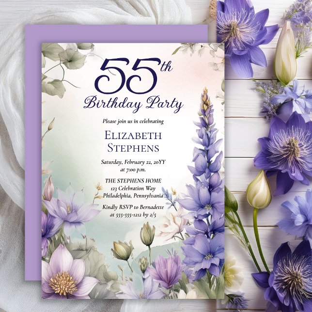 Larkspur | Water Lily Floral 55th Birthday Party Einladung (Elegant Boho Larkspur and Water Lilies Floral 55th Birthday Party Invitation - Print | Digital)