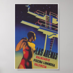 Las Arenas Spanien Lighted Pool Vintage Reisen Poster