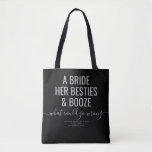 Las Vegas Bachelorette Funny Bride Besties Booze<br><div class="desc">Funny Black und Gray Las Vegas Bachelorette individuelle Totttasche mit "Eine Braut, ihre Bestien, und Stiefel ... was könnte schief gehen?" lustiges Zitat in modernen, großen Schriftart mit Kalligraphie-Schriftzeichen-Akzent und personalisierten Text für den Anlass, Datum und Ort. Alle Farben und Schriftart sind editierbar, wenn Sie Ihre eigene lustige Bachelorette-Tasche für...</div>